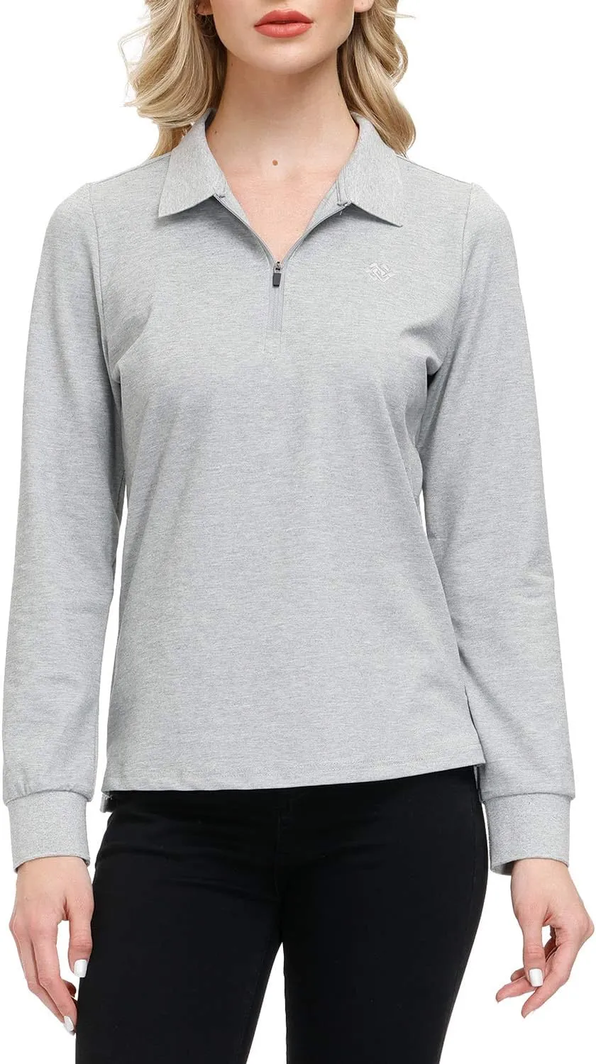 JINSHI Women's Golf Polo Shirt Long Sleeves Zip Up Sport Active Shirts Quick Dry Athletic T-Shirt Casual Tennis Tops Slim Fit
