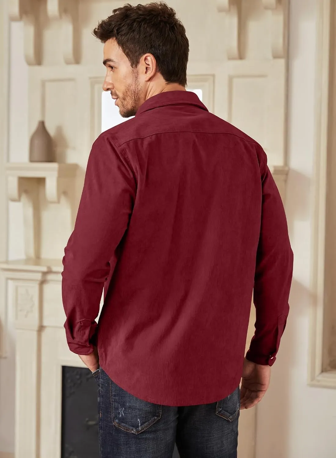 JMIERR Men's Corduroy Shirts Casual Western Long Sleeve Button Down Shacket Jackets with 2 Flap Pocket