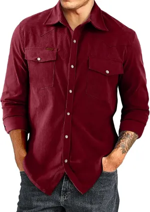 JMIERR Men's Corduroy Shirts Casual Western Long Sleeve Button Down Shacket Jackets with 2 Flap Pocket