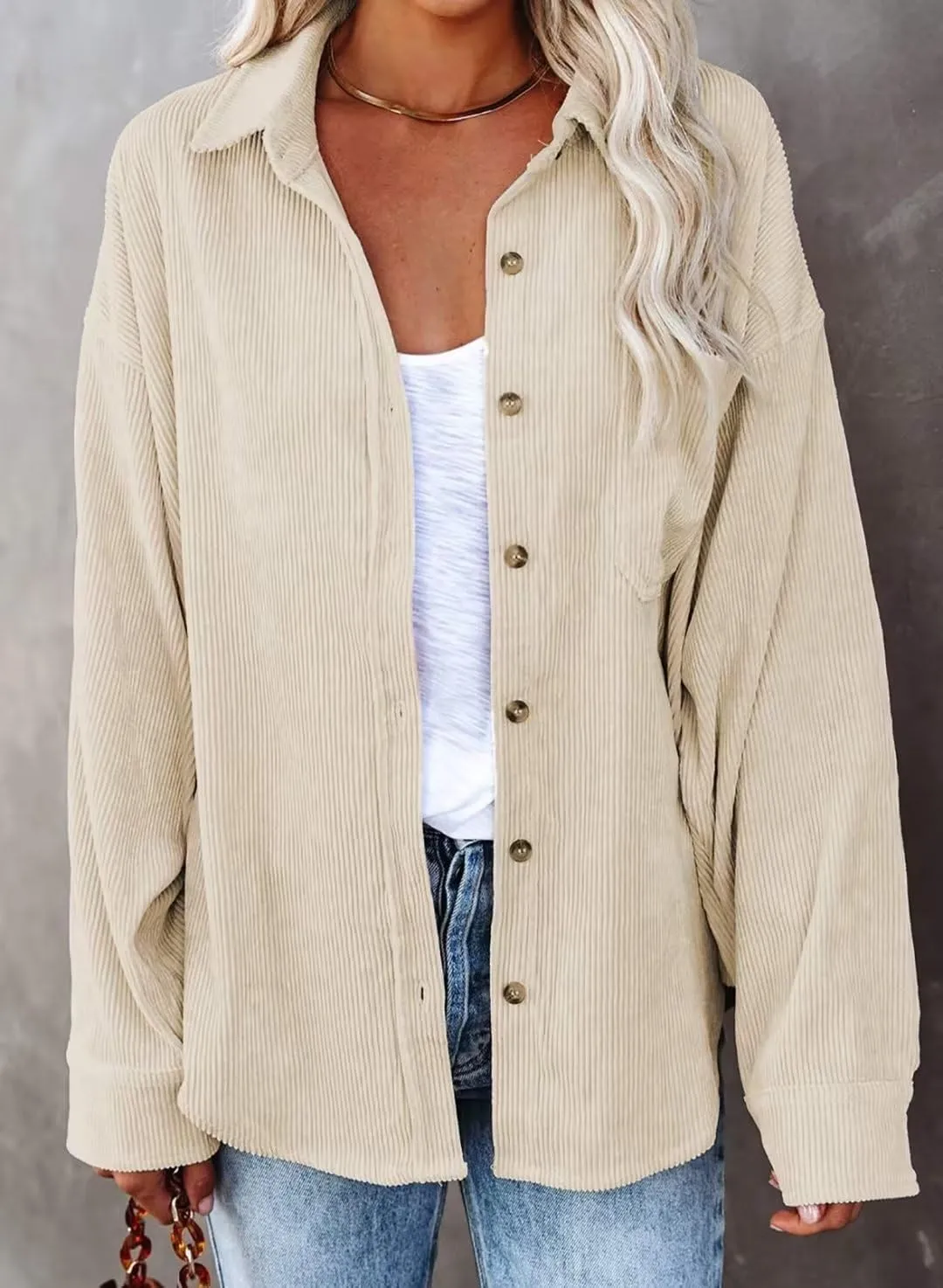 JOCAFIYE Womens Corduroy Shirt Casual Long Sleeve Button Down Jacket Fall Oversized Blouses Tops 2024