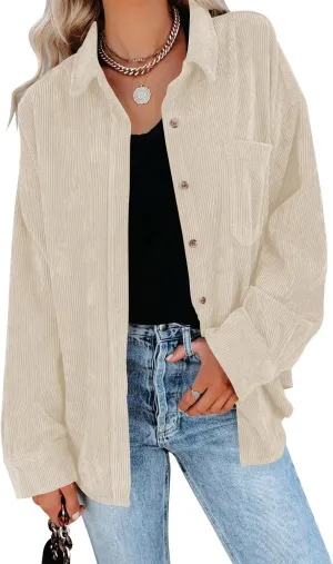 JOCAFIYE Womens Corduroy Shirt Casual Long Sleeve Button Down Jacket Fall Oversized Blouses Tops 2024