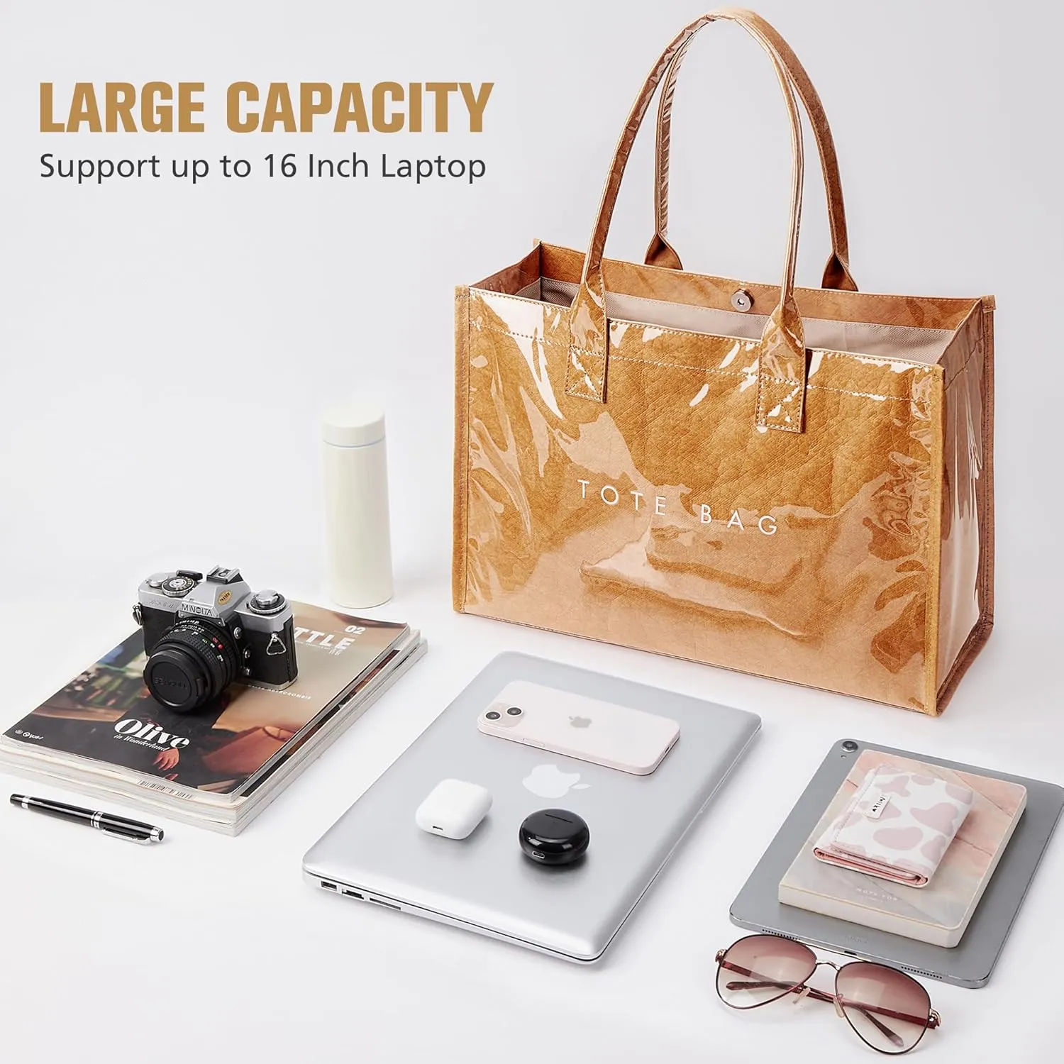 KALIDI PVC Tote Bag Womens Kraft Paper Work Handbags Purses with Top Handle