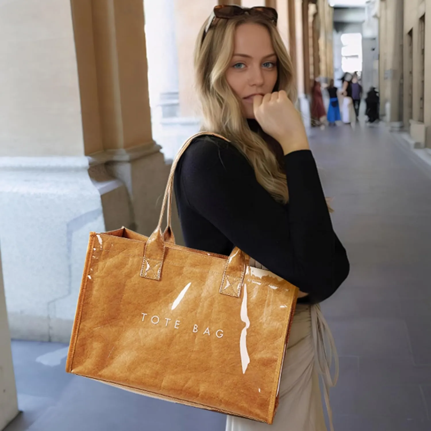 KALIDI PVC Tote Bag Womens Kraft Paper Work Handbags Purses with Top Handle