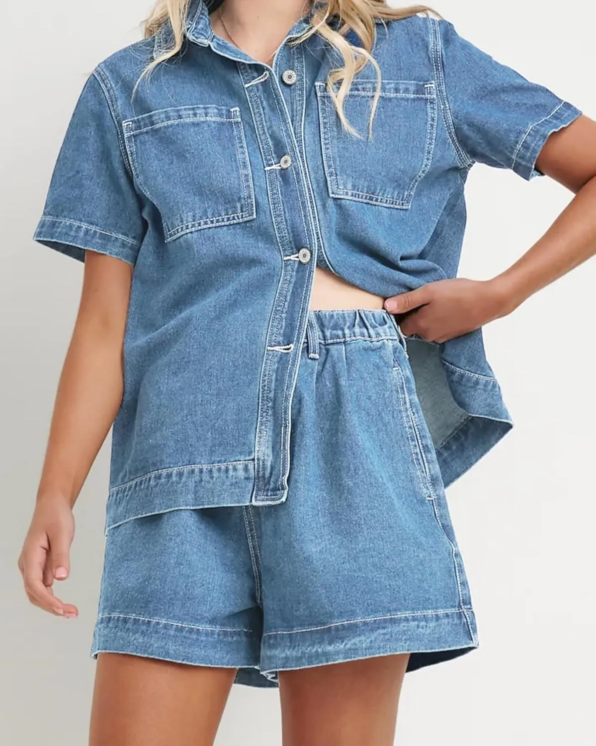 Kedera Summer Denim Set for Women 2 piece Casual Short Sleeve Boxy Shirt Tops and Shorts Pants Lounge Sets Outfits