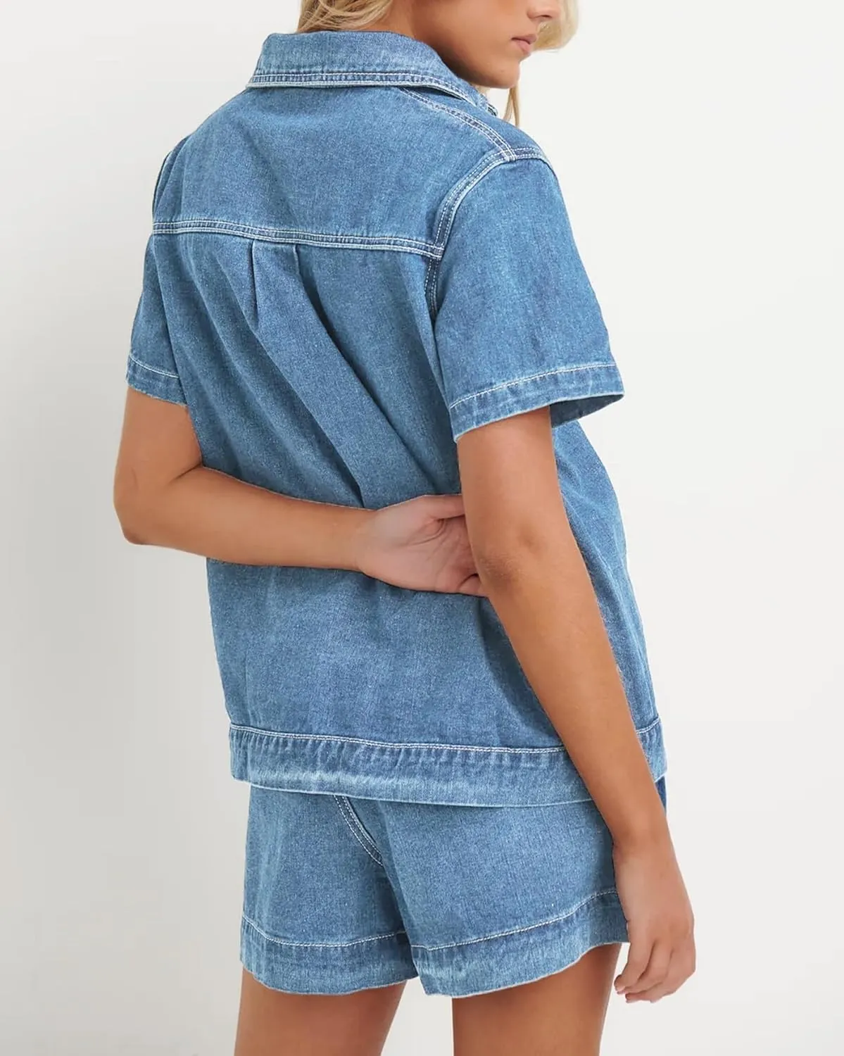 Kedera Summer Denim Set for Women 2 piece Casual Short Sleeve Boxy Shirt Tops and Shorts Pants Lounge Sets Outfits