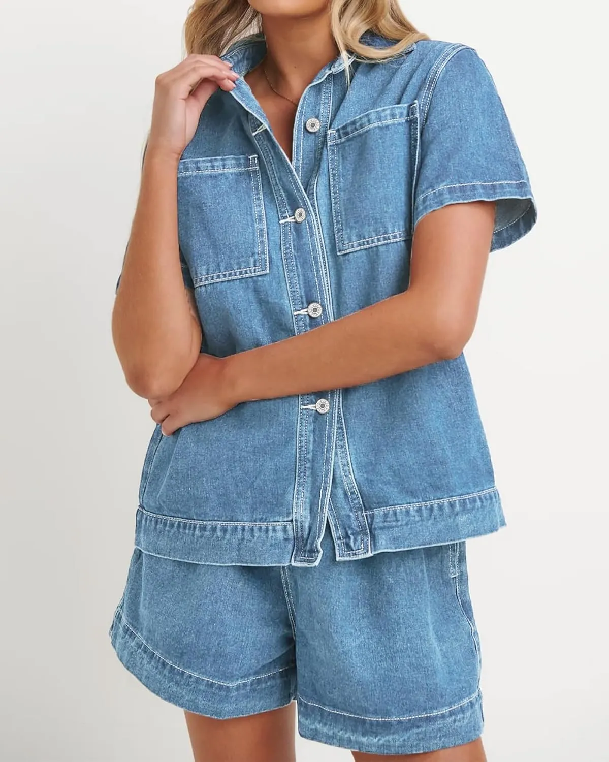 Kedera Summer Denim Set for Women 2 piece Casual Short Sleeve Boxy Shirt Tops and Shorts Pants Lounge Sets Outfits
