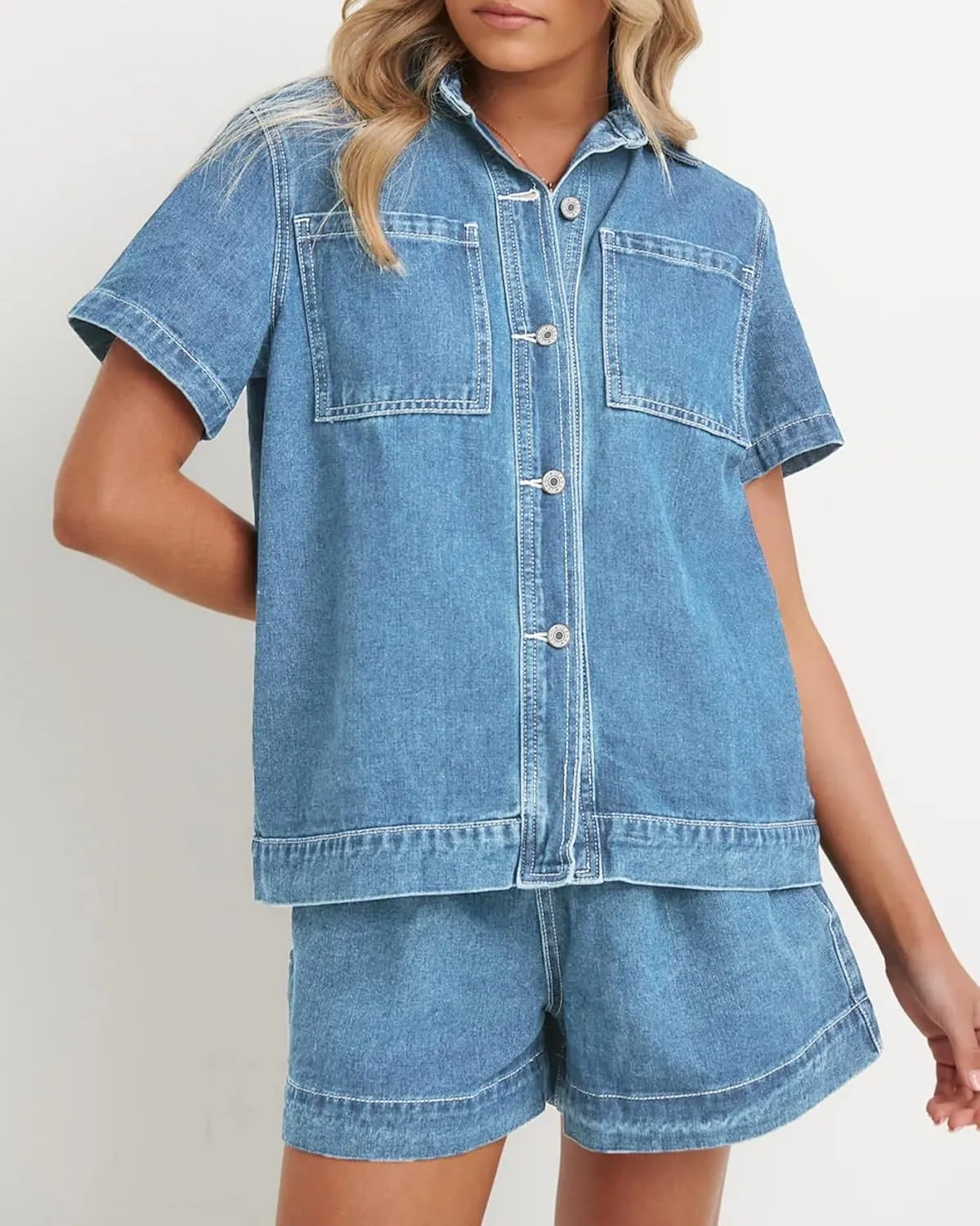 Kedera Summer Denim Set for Women 2 piece Casual Short Sleeve Boxy Shirt Tops and Shorts Pants Lounge Sets Outfits