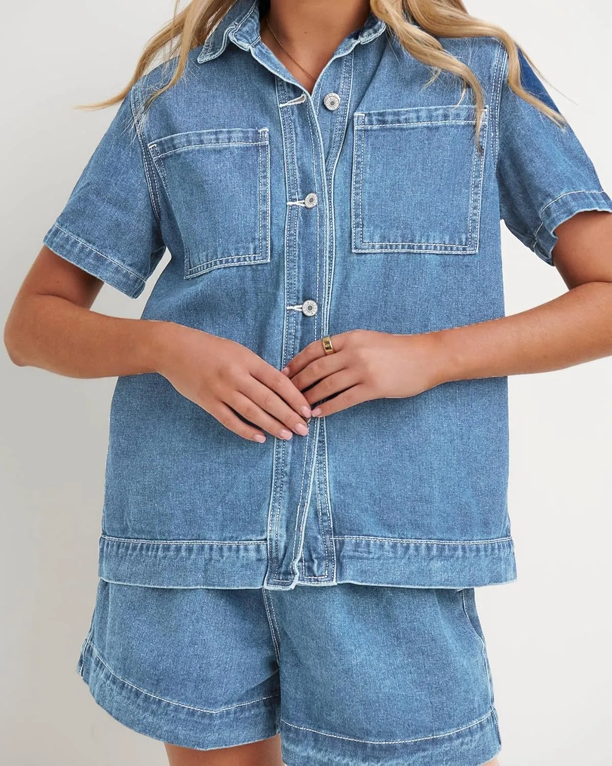 Kedera Summer Denim Set for Women 2 piece Casual Short Sleeve Boxy Shirt Tops and Shorts Pants Lounge Sets Outfits
