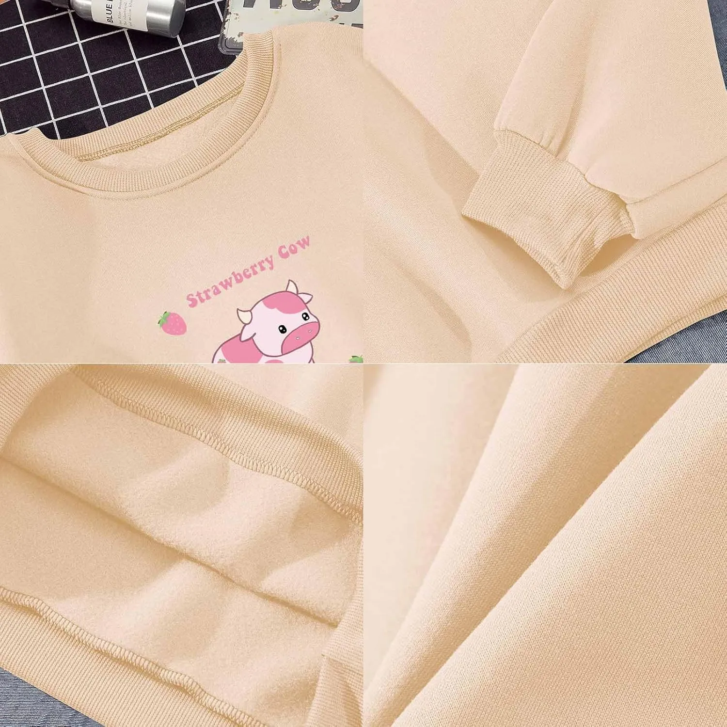 KEEVICI Pullover Sweatshirts for Women Cute Strawberry Cow Print Hoodie Casual Fuzzy Top