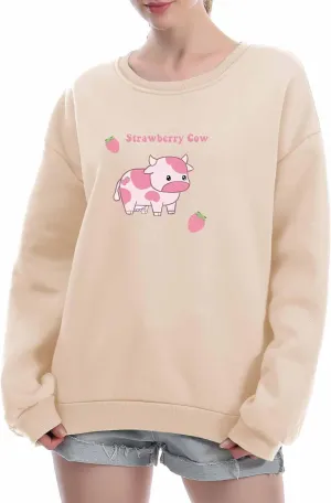 KEEVICI Pullover Sweatshirts for Women Cute Strawberry Cow Print Hoodie Casual Fuzzy Top