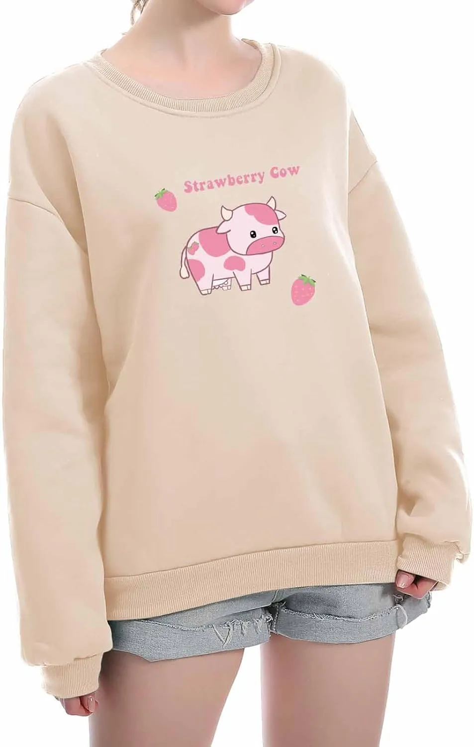 KEEVICI Pullover Sweatshirts for Women Cute Strawberry Cow Print Hoodie Casual Fuzzy Top