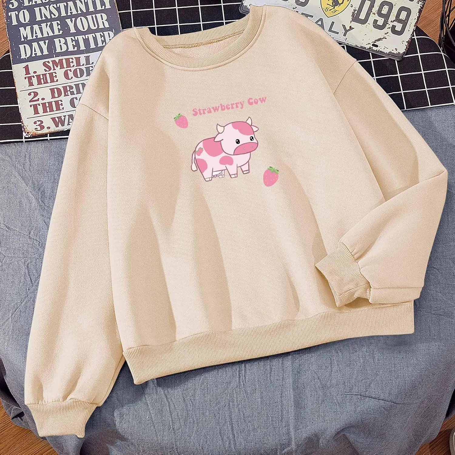 KEEVICI Pullover Sweatshirts for Women Cute Strawberry Cow Print Hoodie Casual Fuzzy Top