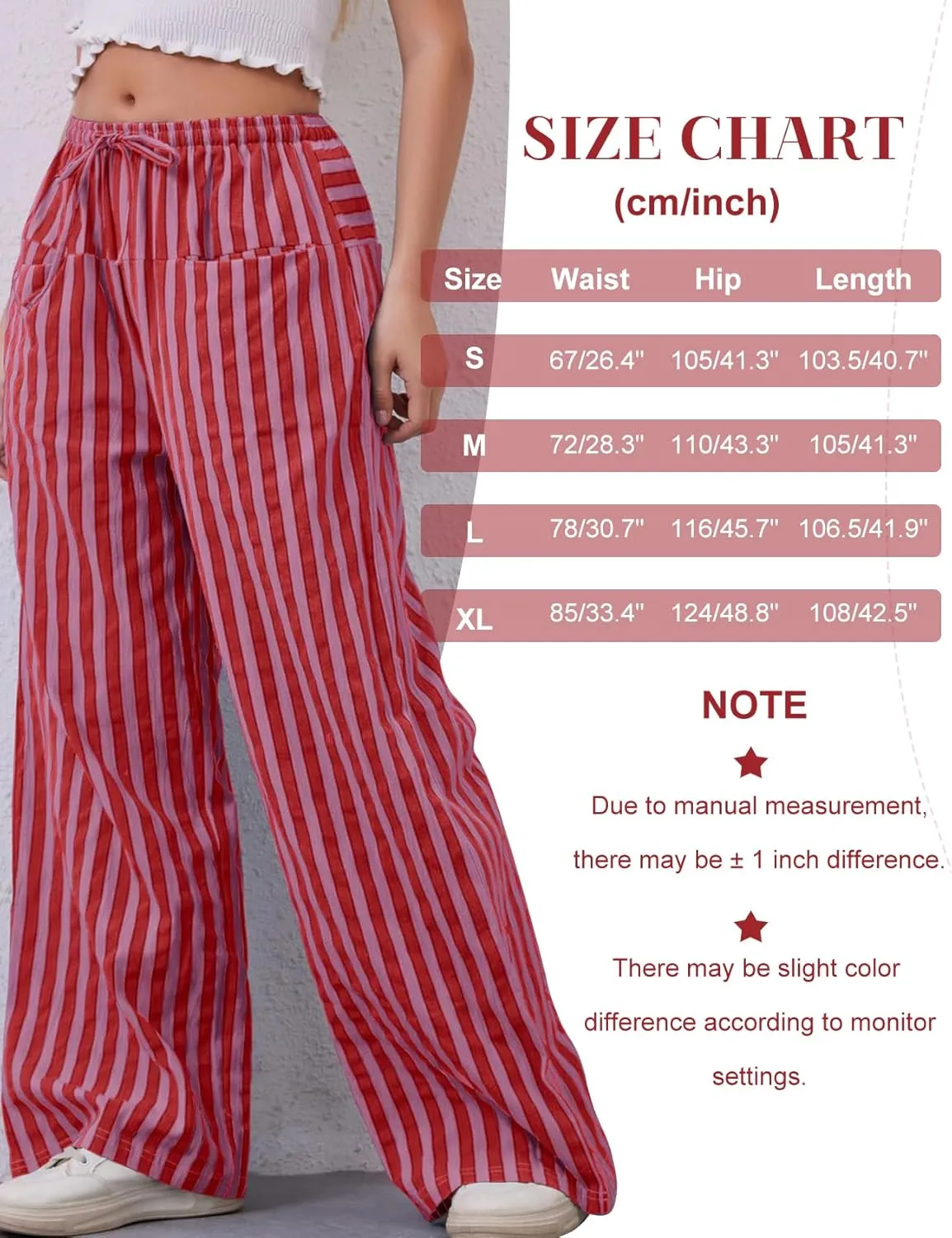 Kissonic Women Striped Pants Casual Drawstring Wide Leg Trousers Loose Lounge Pajama Pants with Pockets