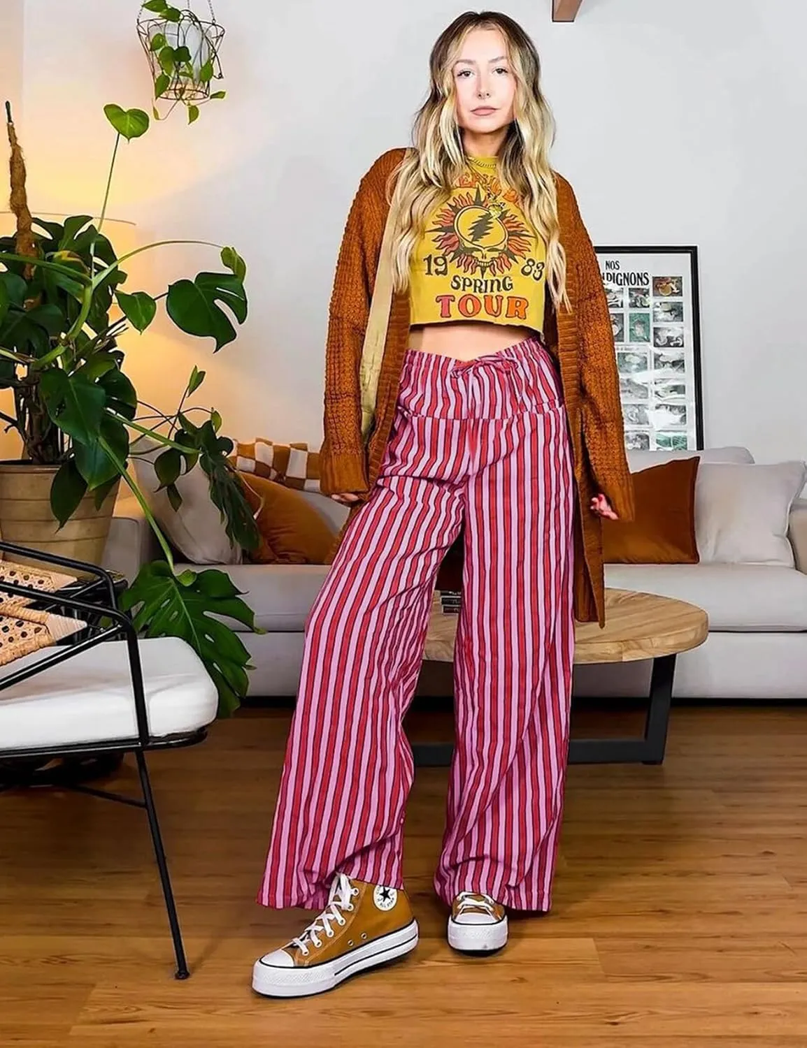 Kissonic Women Striped Pants Casual Drawstring Wide Leg Trousers Loose Lounge Pajama Pants with Pockets