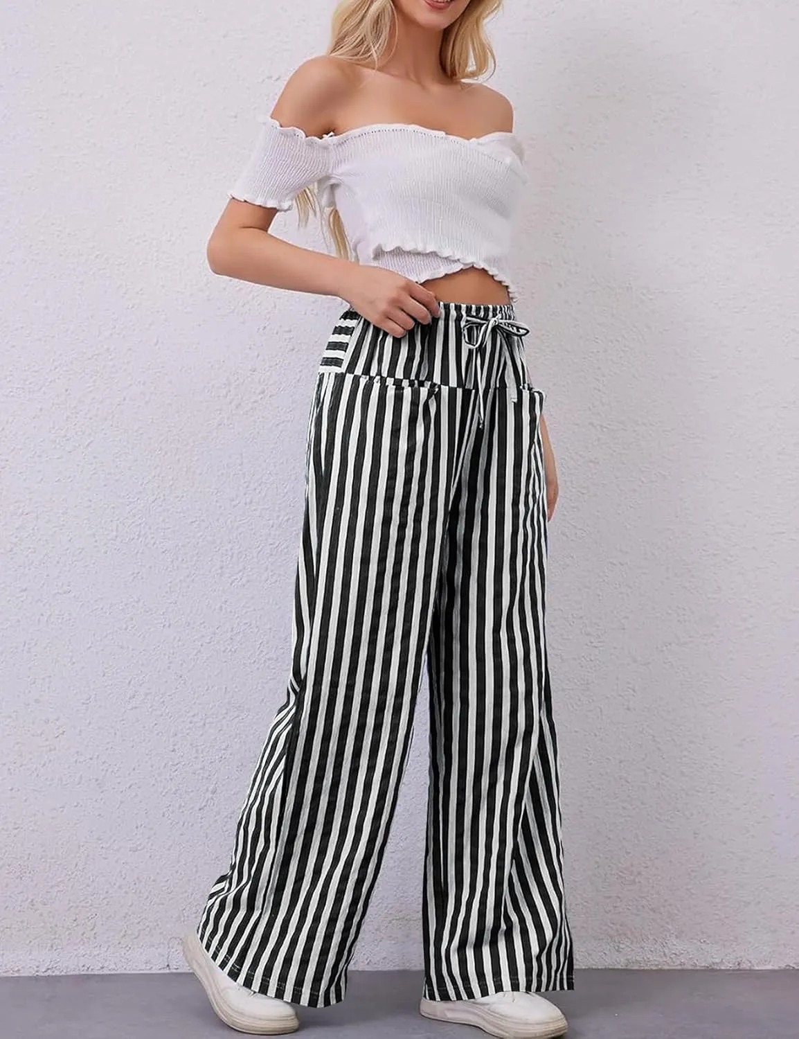 Kissonic Women Striped Pants Casual Drawstring Wide Leg Trousers Loose Lounge Pajama Pants with Pockets