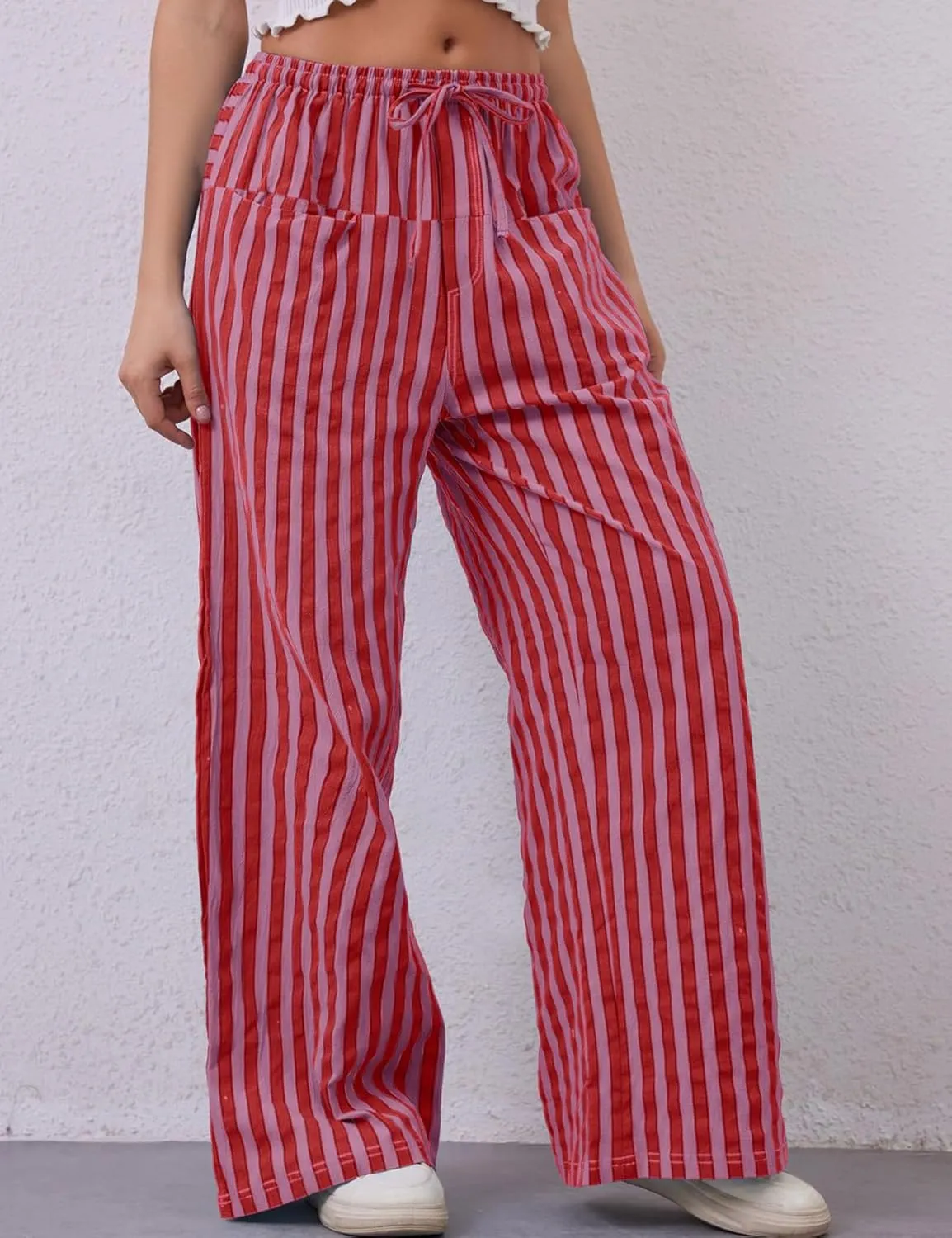 Kissonic Women Striped Pants Casual Drawstring Wide Leg Trousers Loose Lounge Pajama Pants with Pockets
