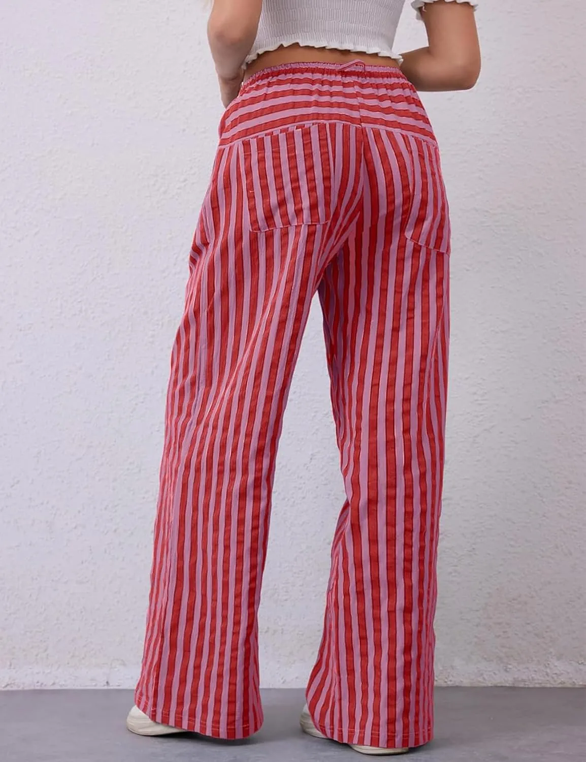 Kissonic Women Striped Pants Casual Drawstring Wide Leg Trousers Loose Lounge Pajama Pants with Pockets