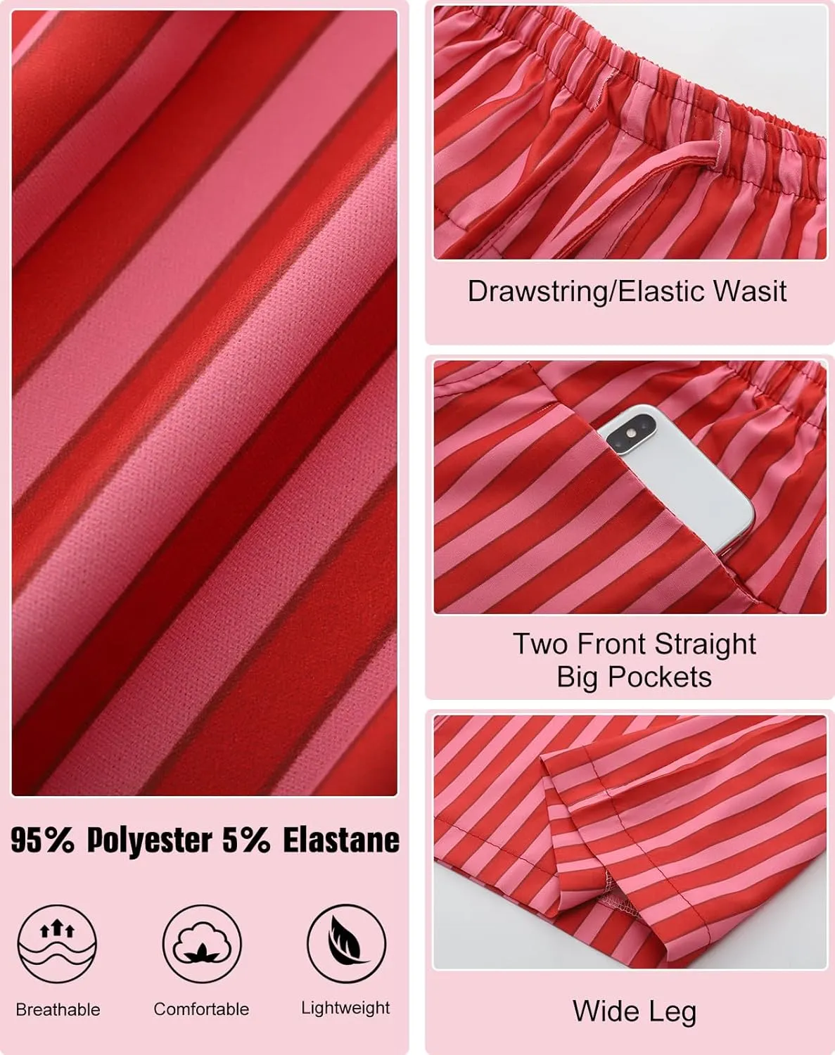 Kissonic Women Striped Pants Casual Drawstring Wide Leg Trousers Loose Lounge Pajama Pants with Pockets