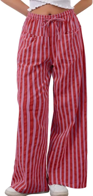 Kissonic Women Striped Pants Casual Drawstring Wide Leg Trousers Loose Lounge Pajama Pants with Pockets