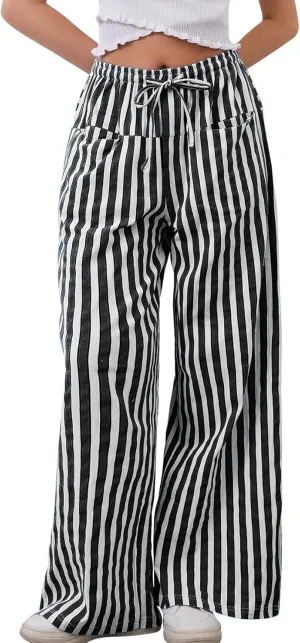 Kissonic Women Striped Pants Casual Drawstring Wide Leg Trousers Loose Lounge Pajama Pants with Pockets