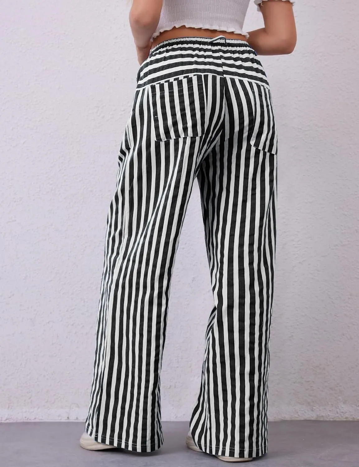 Kissonic Women Striped Pants Casual Drawstring Wide Leg Trousers Loose Lounge Pajama Pants with Pockets