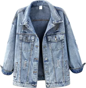 Ladyful Women's Long Oversized Denim Jacket Boyfriend Drop Shoulder Distressed Baggy Jean Jacket with Pockets