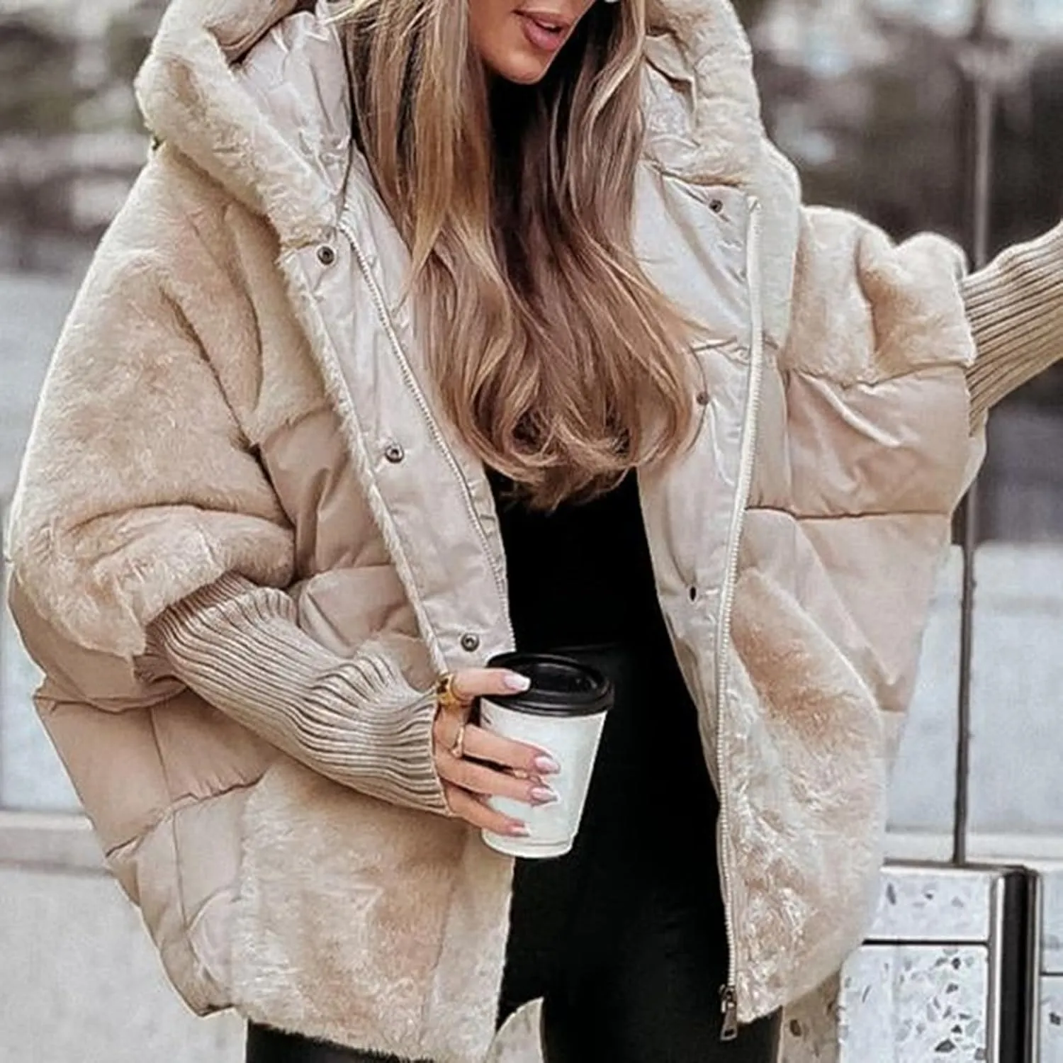 LAVASEON Womans Lightweight Down Jacket Oversized Long Sleeve Sherpa Jacket Warm Plush Hooded Outerwear