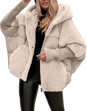 LAVASEON Womans Lightweight Down Jacket Oversized Long Sleeve Sherpa Jacket Warm Plush Hooded Outerwear