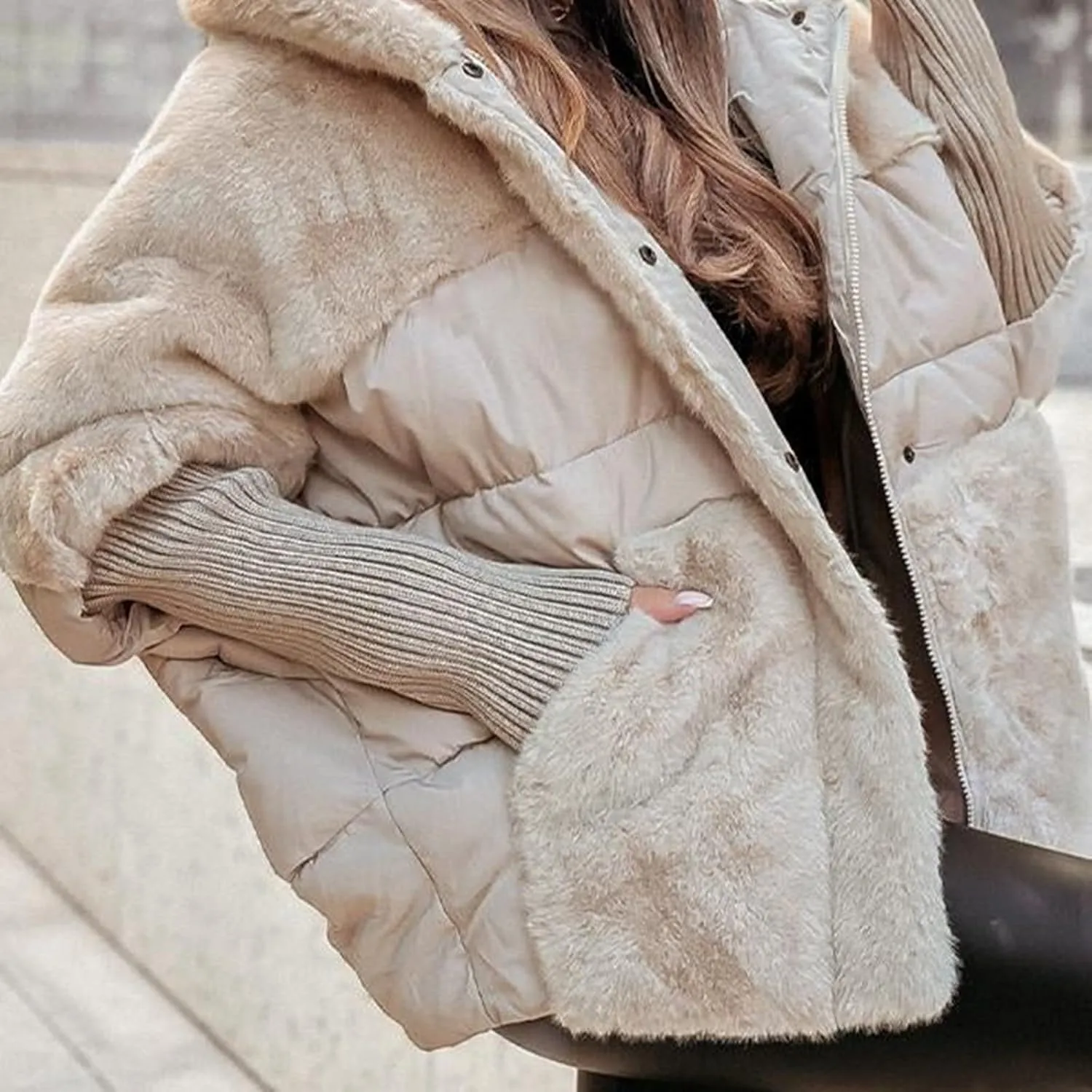 LAVASEON Womans Lightweight Down Jacket Oversized Long Sleeve Sherpa Jacket Warm Plush Hooded Outerwear