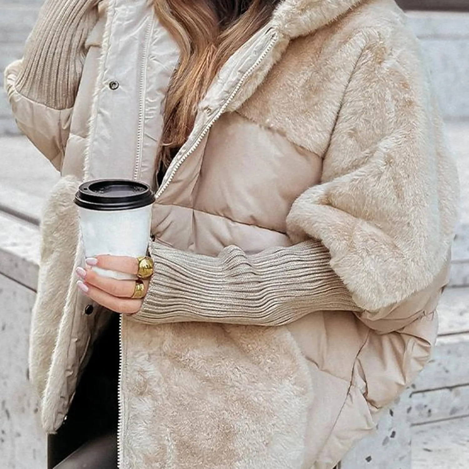 LAVASEON Womans Lightweight Down Jacket Oversized Long Sleeve Sherpa Jacket Warm Plush Hooded Outerwear