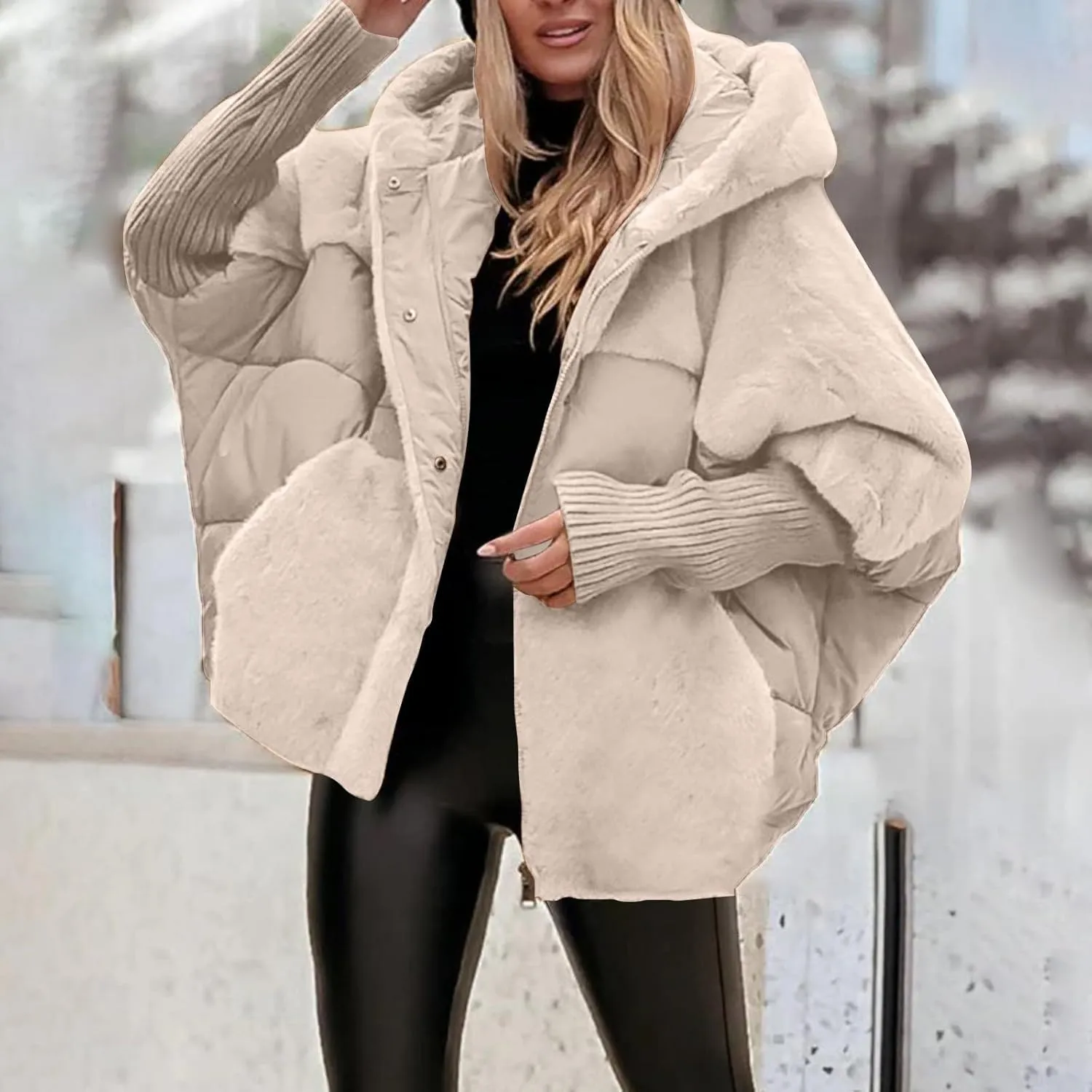 LAVASEON Womans Lightweight Down Jacket Oversized Long Sleeve Sherpa Jacket Warm Plush Hooded Outerwear
