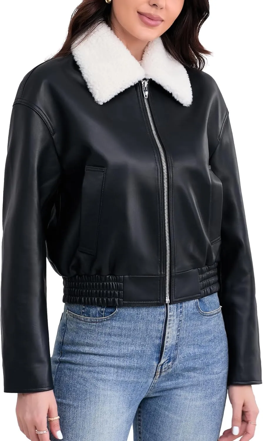 Leather Jacket Women,Cropped Lambskin Bomber Jacket,Removable Sherpa Collar, Zip Front, Elasticized Hem