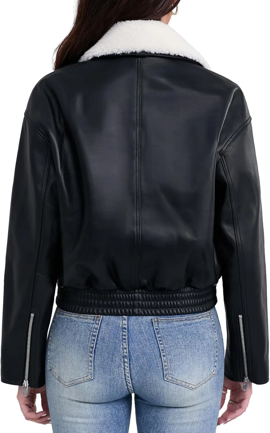 Leather Jacket Women,Cropped Lambskin Bomber Jacket,Removable Sherpa Collar, Zip Front, Elasticized Hem