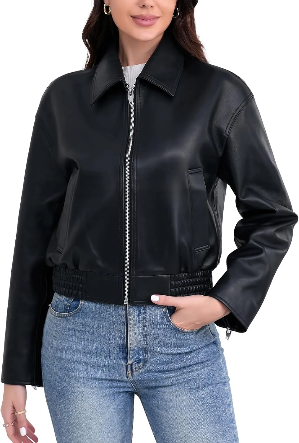 Leather Jacket Women,Cropped Lambskin Bomber Jacket,Removable Sherpa Collar, Zip Front, Elasticized Hem