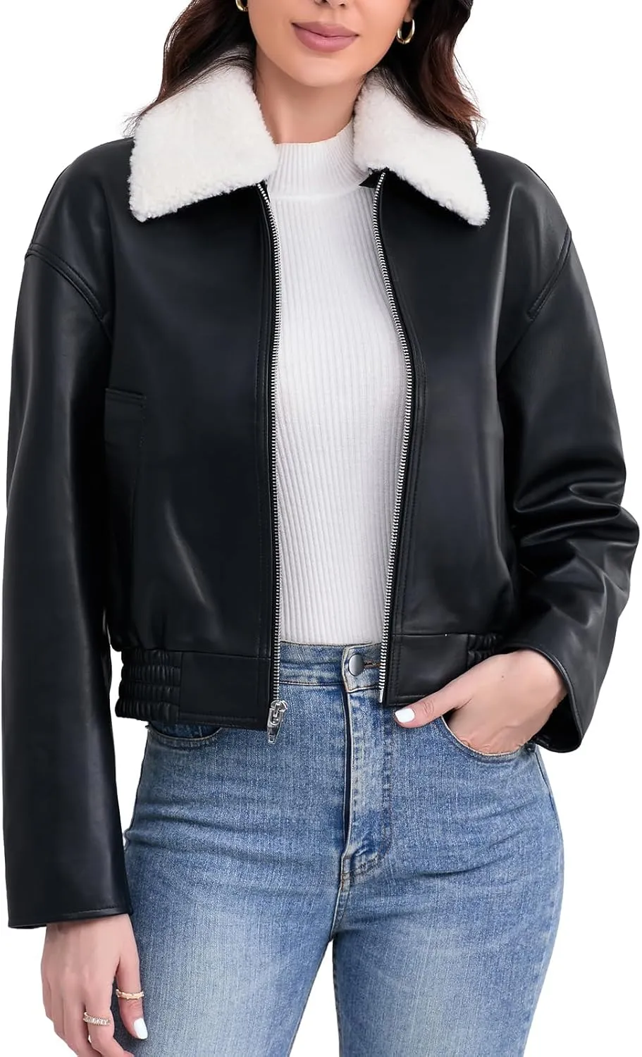 Leather Jacket Women,Cropped Lambskin Bomber Jacket,Removable Sherpa Collar, Zip Front, Elasticized Hem