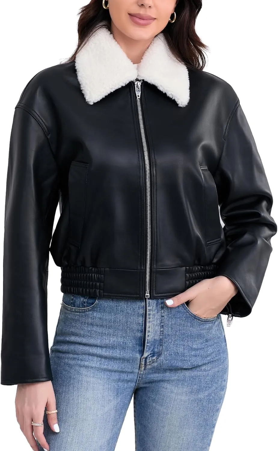 Leather Jacket Women,Cropped Lambskin Bomber Jacket,Removable Sherpa Collar, Zip Front, Elasticized Hem