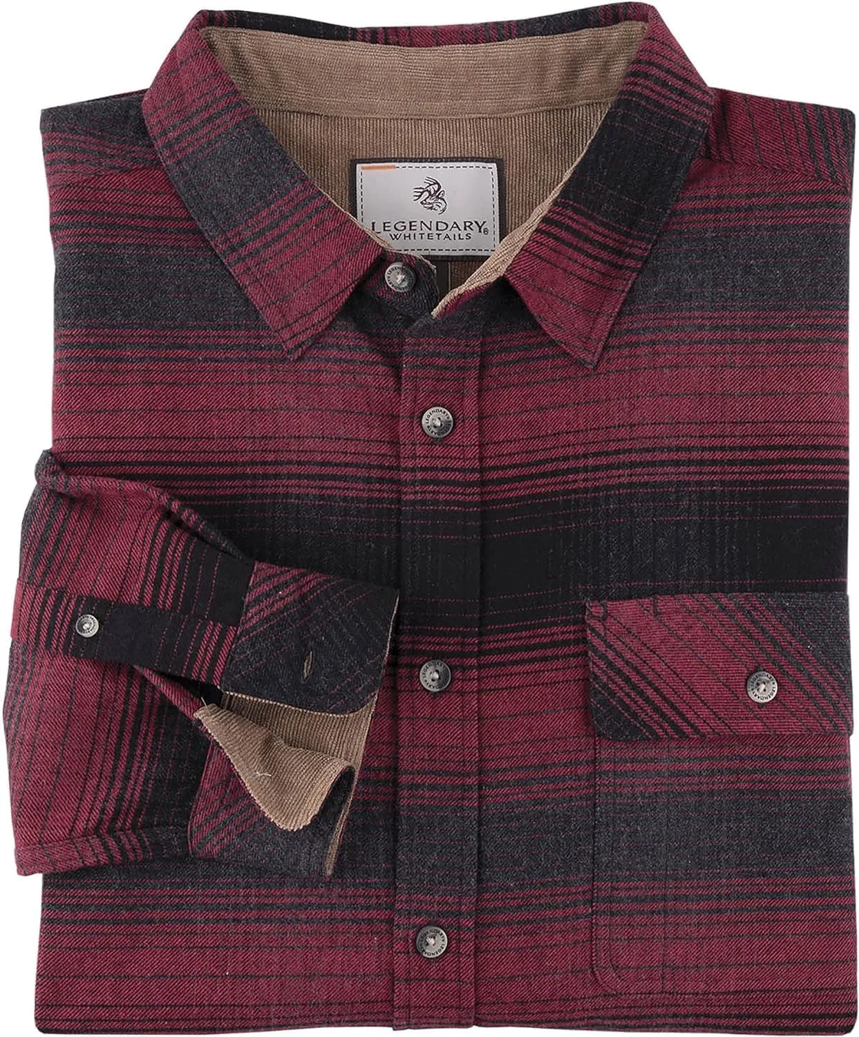 Legendary Whitetails Men's Buck Camp Flannel, Long Sleeve Plaid Button Down Casual Shirt, Corduroy Cuffs
