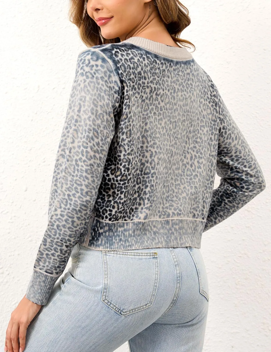 Leopard Cardigan Open Front Button Up Sweaters for Women Long Sleeve Shrug Cheetah Print Top Cropped Cardigan Jackets