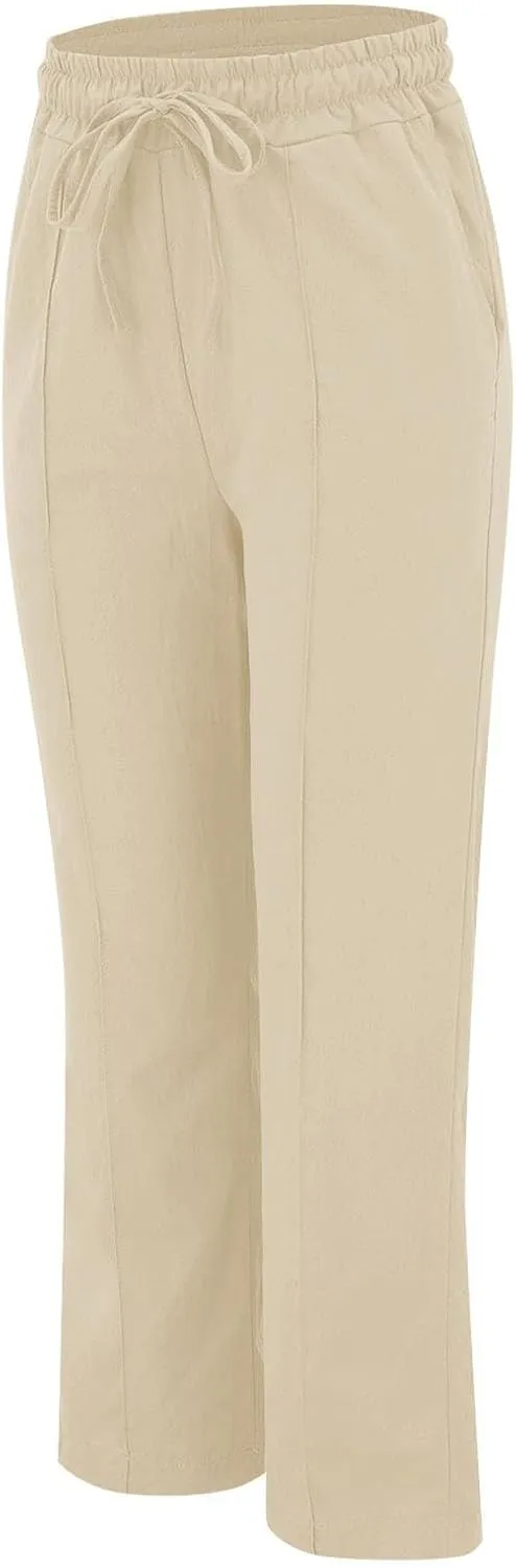 Lightweight Summer Pants Women Plus Size Cotton Linen Pants Casual Drawstring Elastic High Waisted Straight Leg Pants
