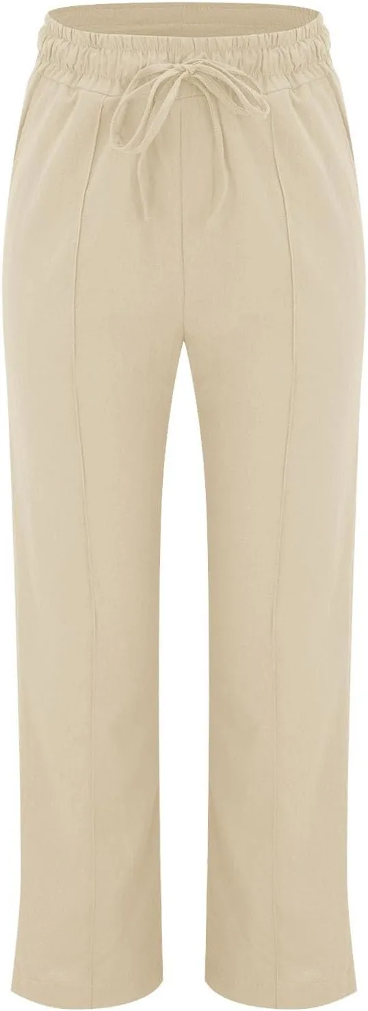 Lightweight Summer Pants Women Plus Size Cotton Linen Pants Casual Drawstring Elastic High Waisted Straight Leg Pants