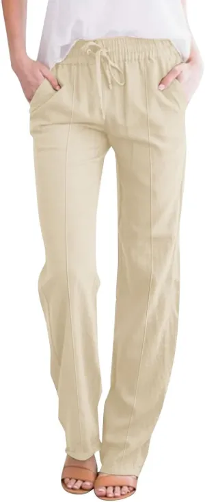 Lightweight Summer Pants Women Plus Size Cotton Linen Pants Casual Drawstring Elastic High Waisted Straight Leg Pants