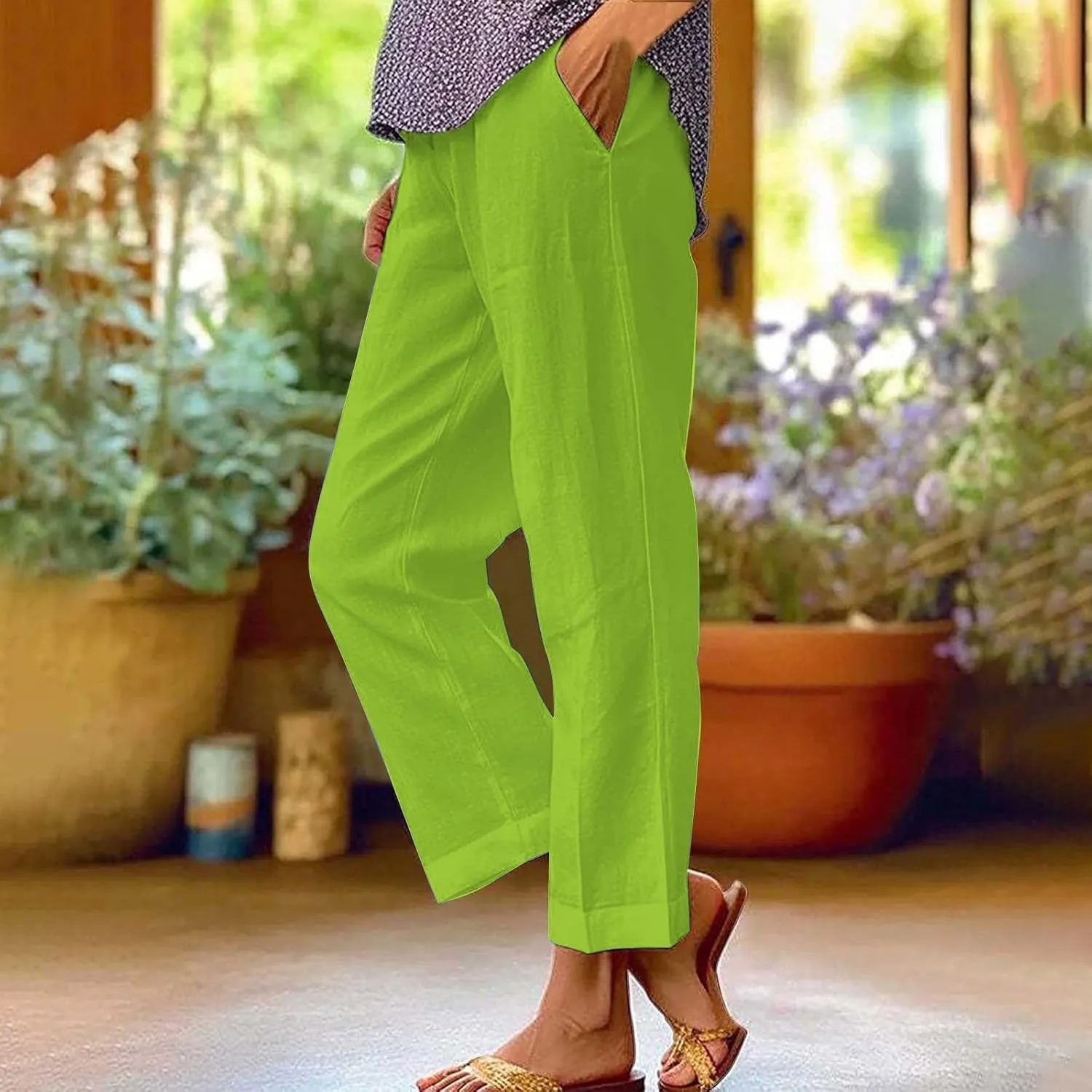 Linen Capri Pants for Women High Waisted Straight Leg Cropped Lounge Pant Comfy Soft Gauze Trousers with Pockets