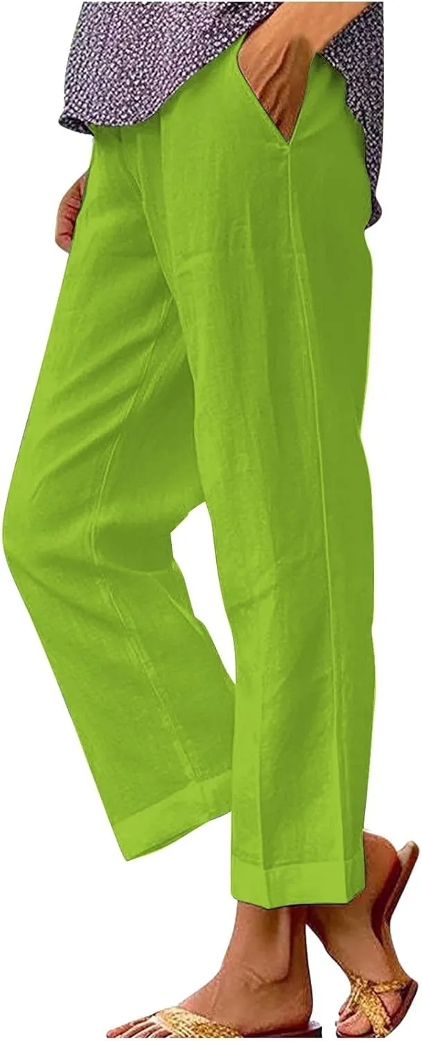 Linen Capri Pants for Women High Waisted Straight Leg Cropped Lounge Pant Comfy Soft Gauze Trousers with Pockets