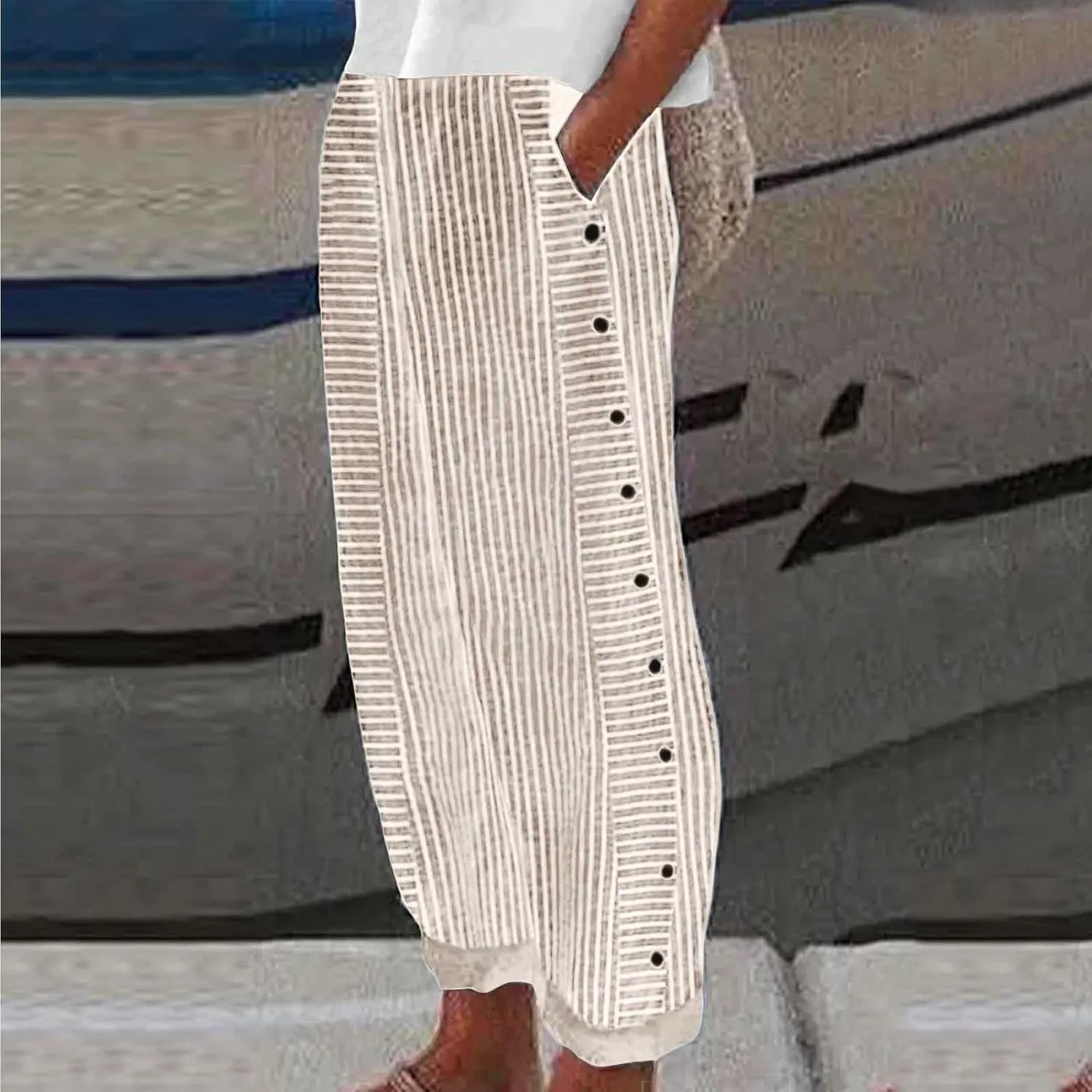 Linen Capri Pants for Women Striped Button Side High Waisted Wide Leg Pants Trendy Casual Beach Pants Summer Trousers