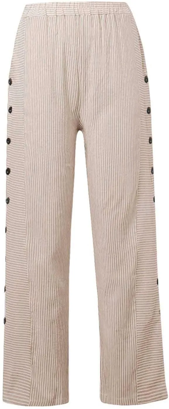 Linen Capri Pants for Women Striped Button Side High Waisted Wide Leg Pants Trendy Casual Beach Pants Summer Trousers