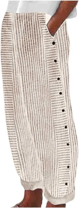 Linen Capri Pants for Women Striped Button Side High Waisted Wide Leg Pants Trendy Casual Beach Pants Summer Trousers