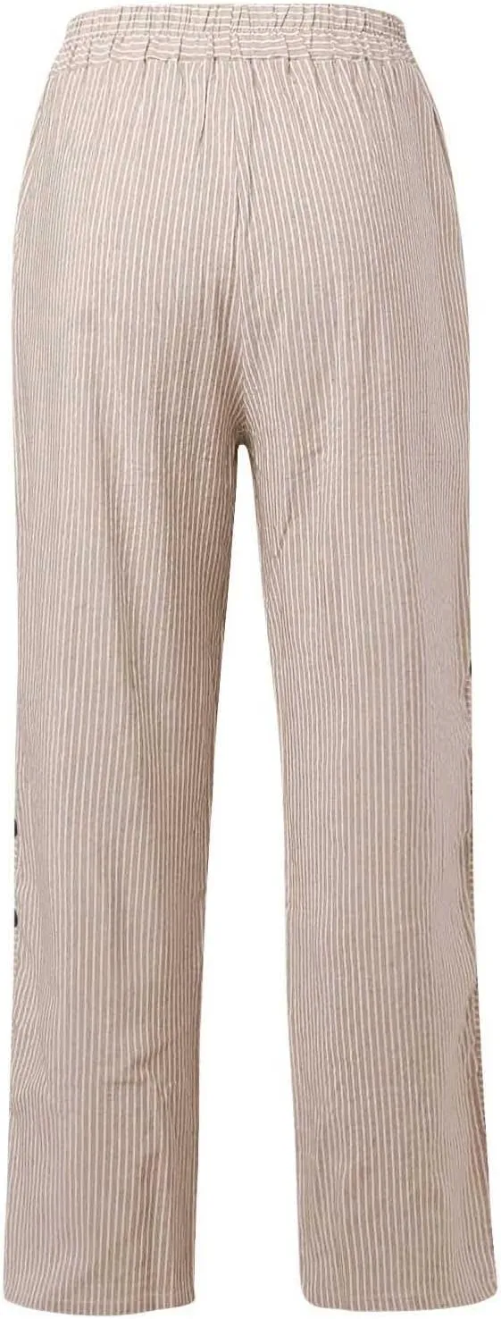 Linen Capri Pants for Women Striped Button Side High Waisted Wide Leg Pants Trendy Casual Beach Pants Summer Trousers