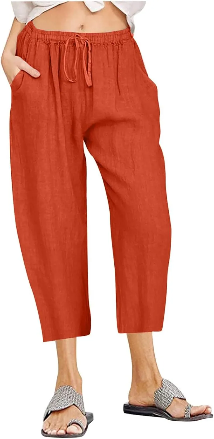 Linen Capris Pants for Women 2025 Summer Casual Loose Comfy Beach Pants Cropped Vacation Outfits with Pockets