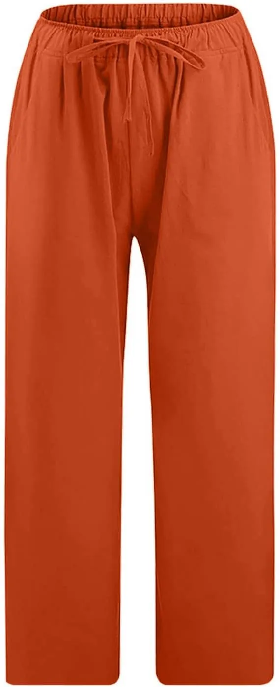 Linen Capris Pants for Women 2025 Summer Casual Loose Comfy Beach Pants Cropped Vacation Outfits with Pockets