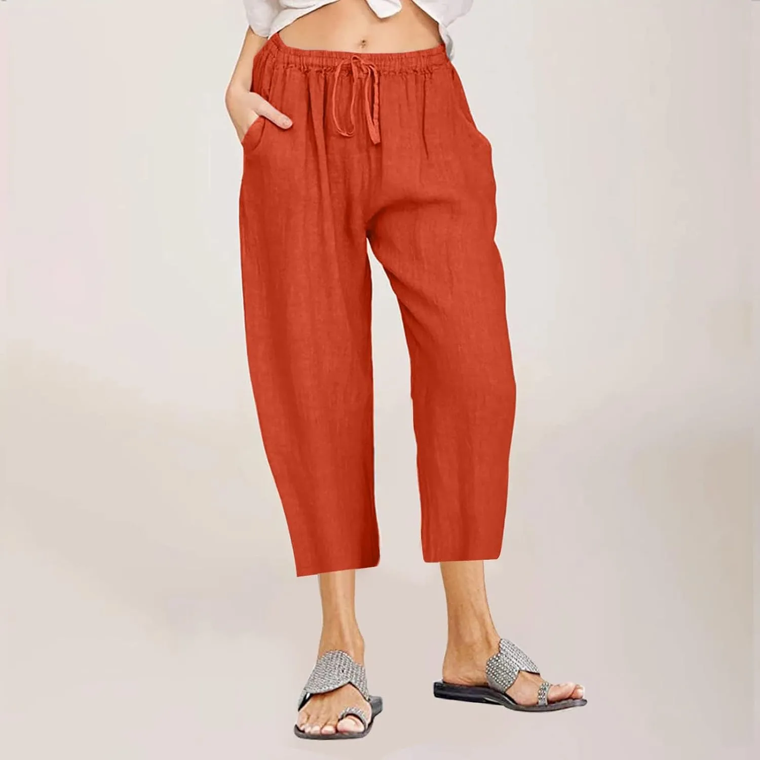 Linen Capris Pants for Women 2025 Summer Casual Loose Comfy Beach Pants Cropped Vacation Outfits with Pockets